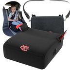 Black car seat cover with a child sitting in a car seat inset, featuring the Bubble Bum logo.