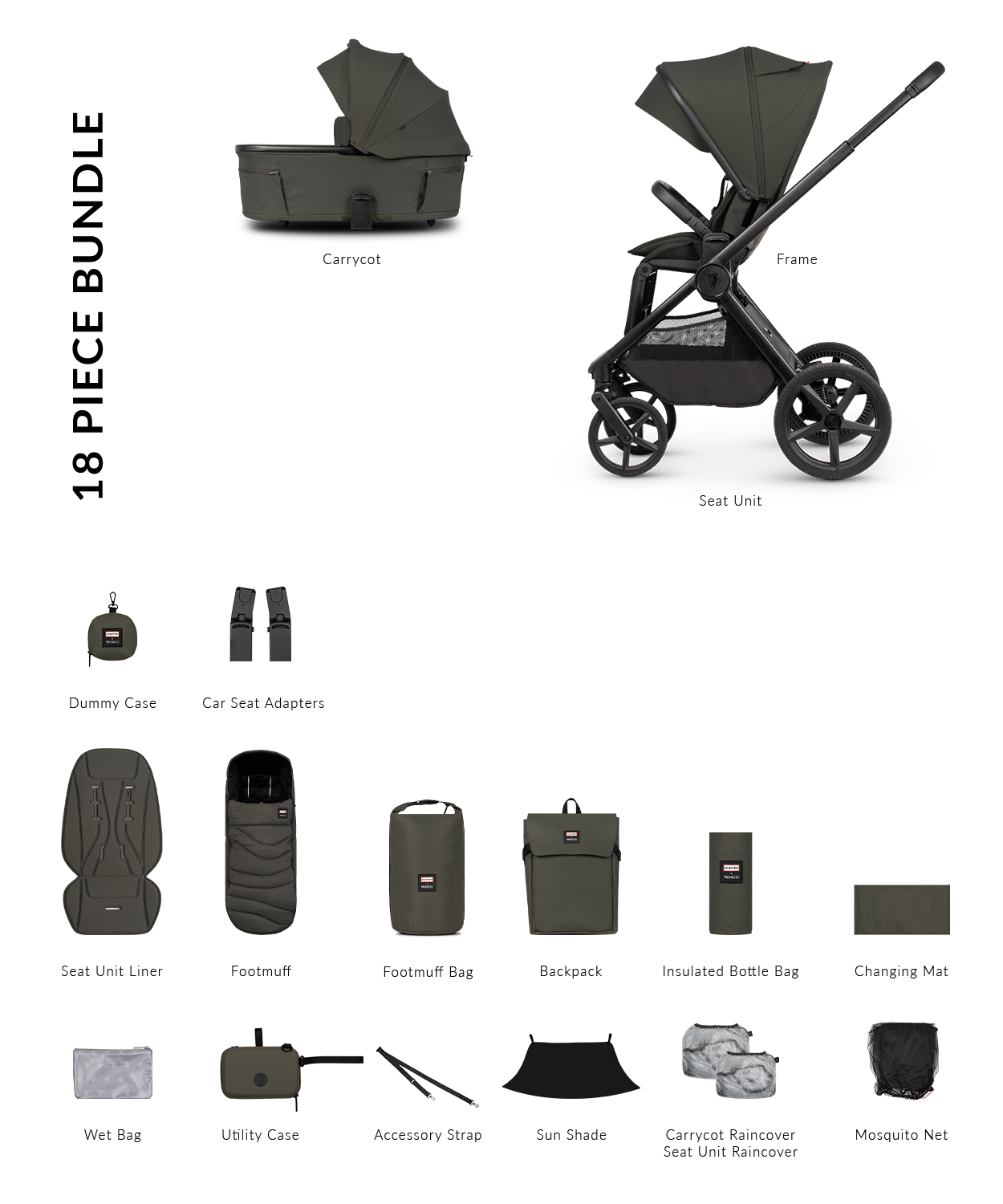Hunter x Venicci Upline 3 Pram - 2in1 - Dark olive