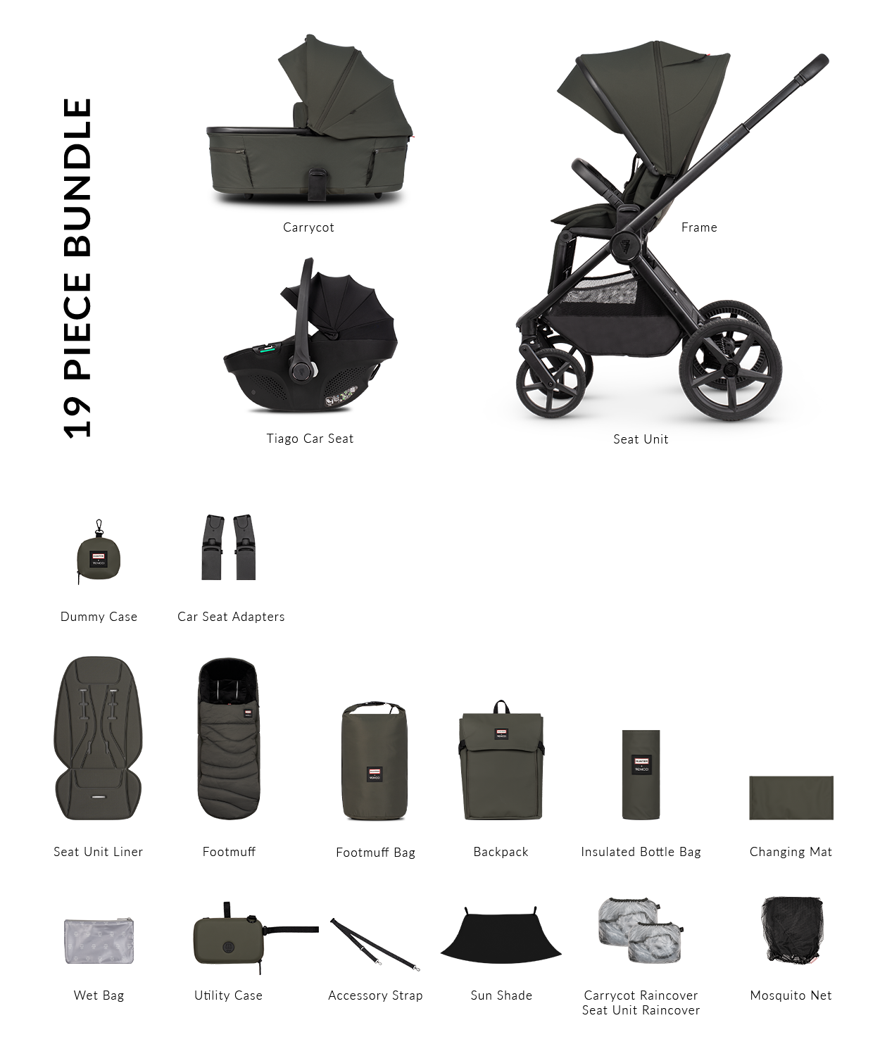 Hunter x Venicci Upline 3 Pram - 3in1 - Dark olive
