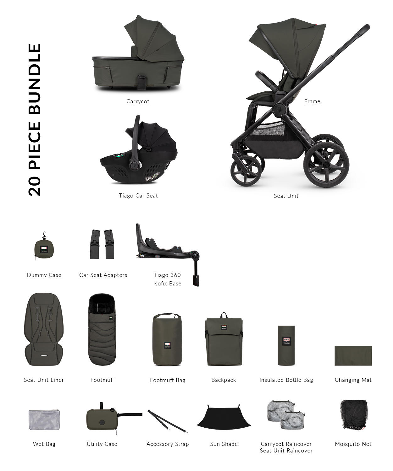 Hunter x Venicci Upline 3 Pram - 4in1 - Dark olive