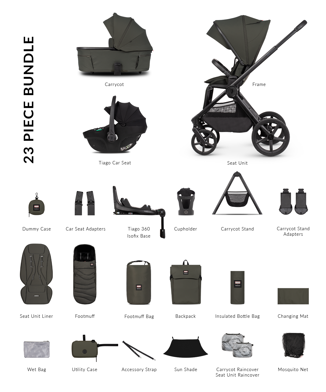 Hunter x Venicci Upline 3 Pram - 4in1 Plus - Dark olive